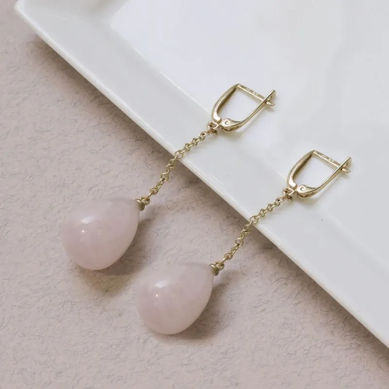 14K Gold Crystal Rose Quartz Dangling Earrings