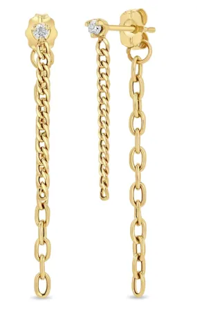 14K PRONG DIAMOND MIXED CHAIN DOUBLE DROP EARRINGS