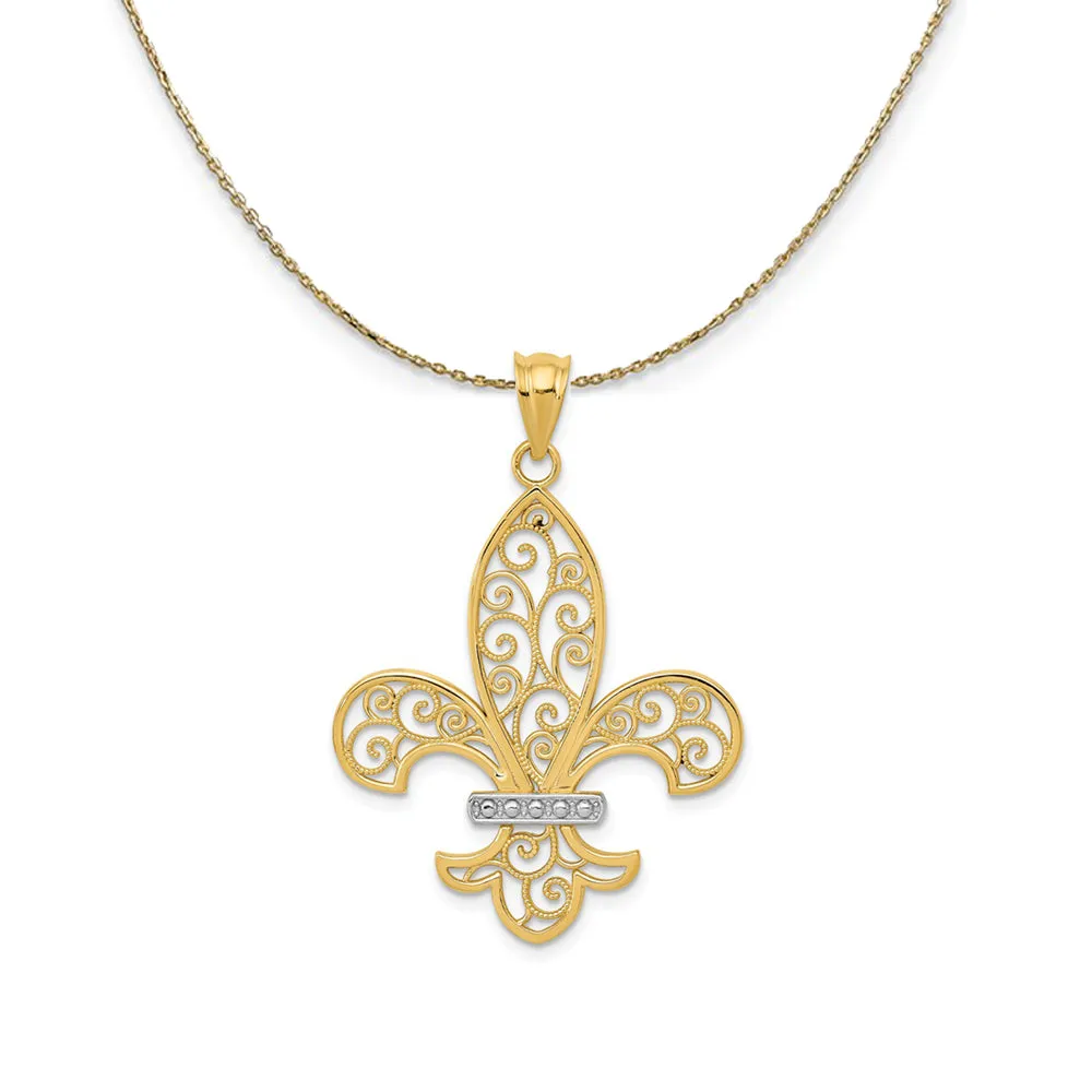 14k Yellow Gold & Rhodium Filigree Fleur De Lis Necklace