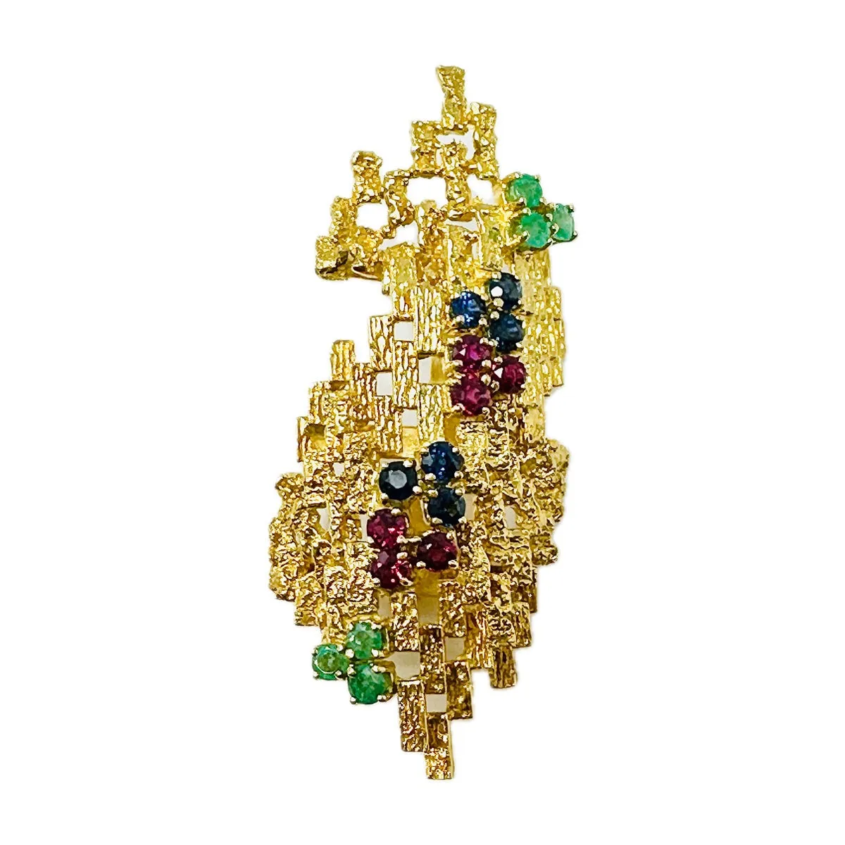 18K Gold Convex Abstract Brooch with Sapphire, Rubies and Emeralds