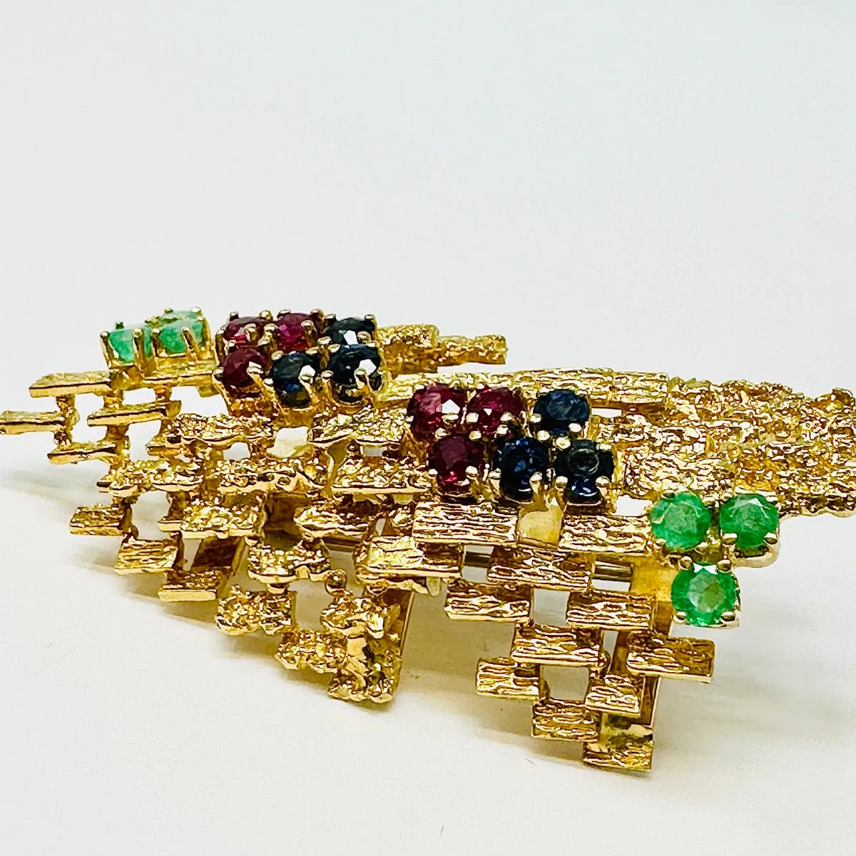 18K Gold Convex Abstract Brooch with Sapphire, Rubies and Emeralds