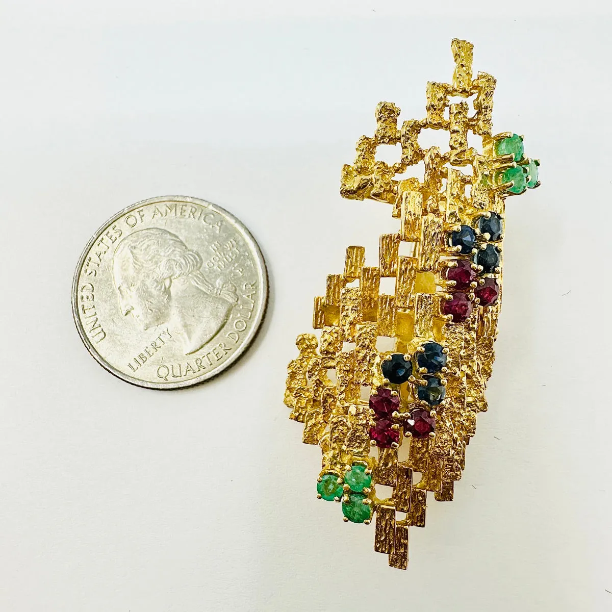 18K Gold Convex Abstract Brooch with Sapphire, Rubies and Emeralds