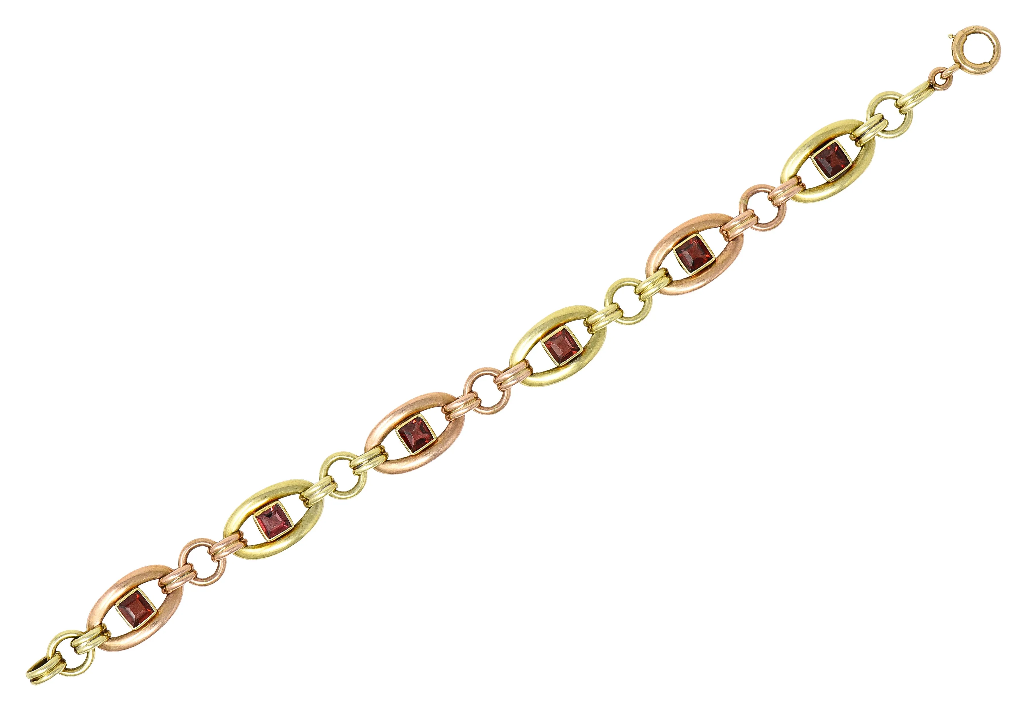 1940's Retro Garnet 14 Karat Two-Tone Gold Gemstone Link Bracelet