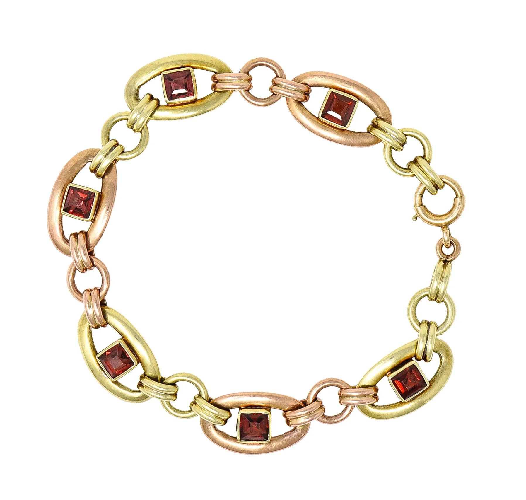 1940's Retro Garnet 14 Karat Two-Tone Gold Gemstone Link Bracelet