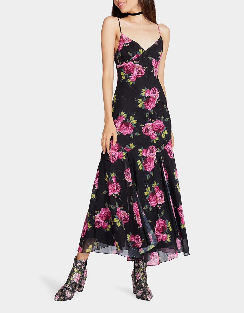 ADDISON MIDI DRESS PINK ROSE BLACK MULTI