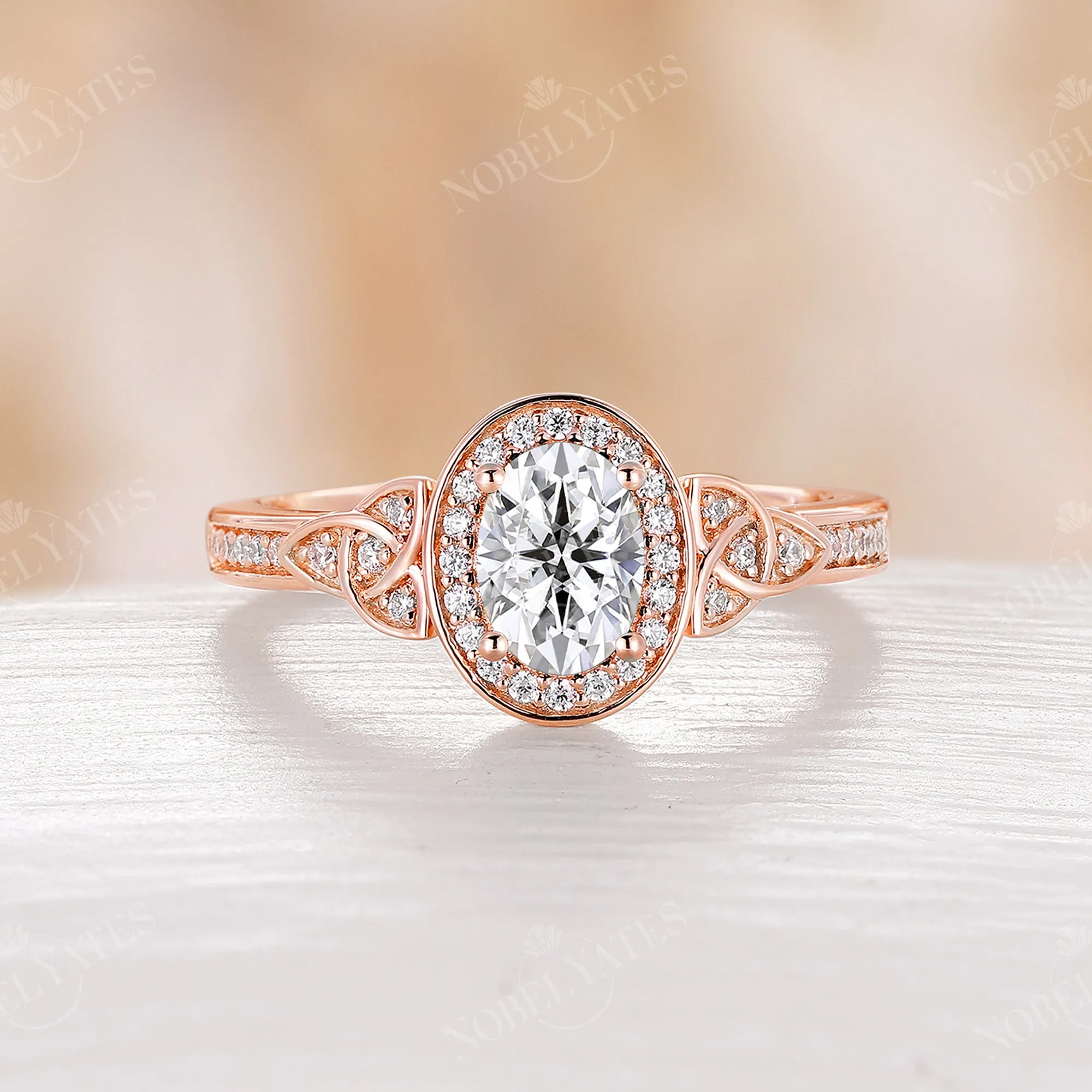 Antique Oval Moissanite Halo Engagement Ring Celtic Rose Gold