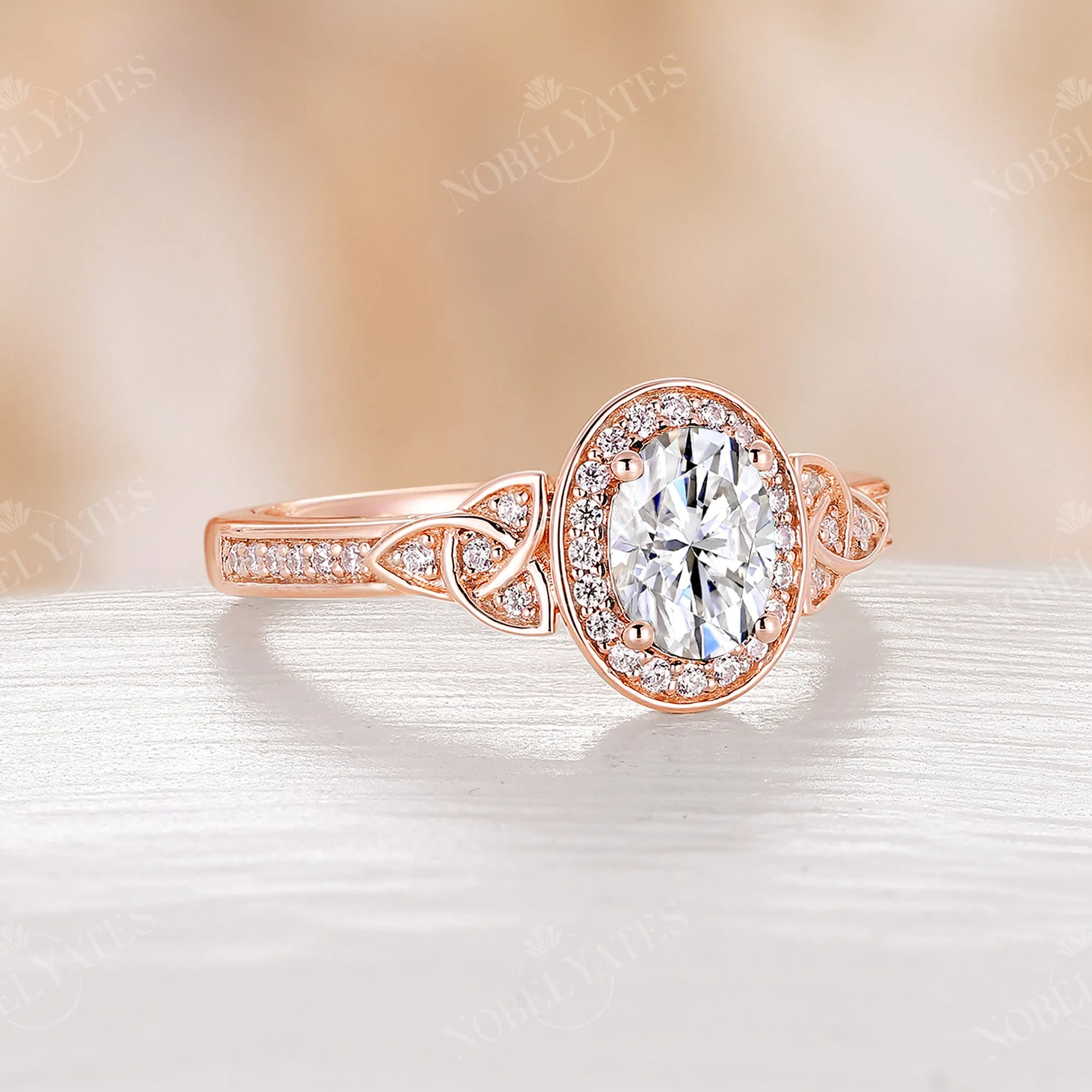 Antique Oval Moissanite Halo Engagement Ring Celtic Rose Gold