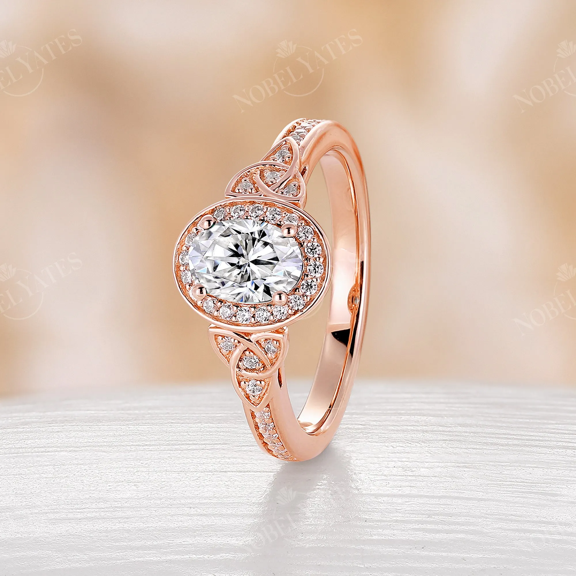 Antique Oval Moissanite Halo Engagement Ring Celtic Rose Gold