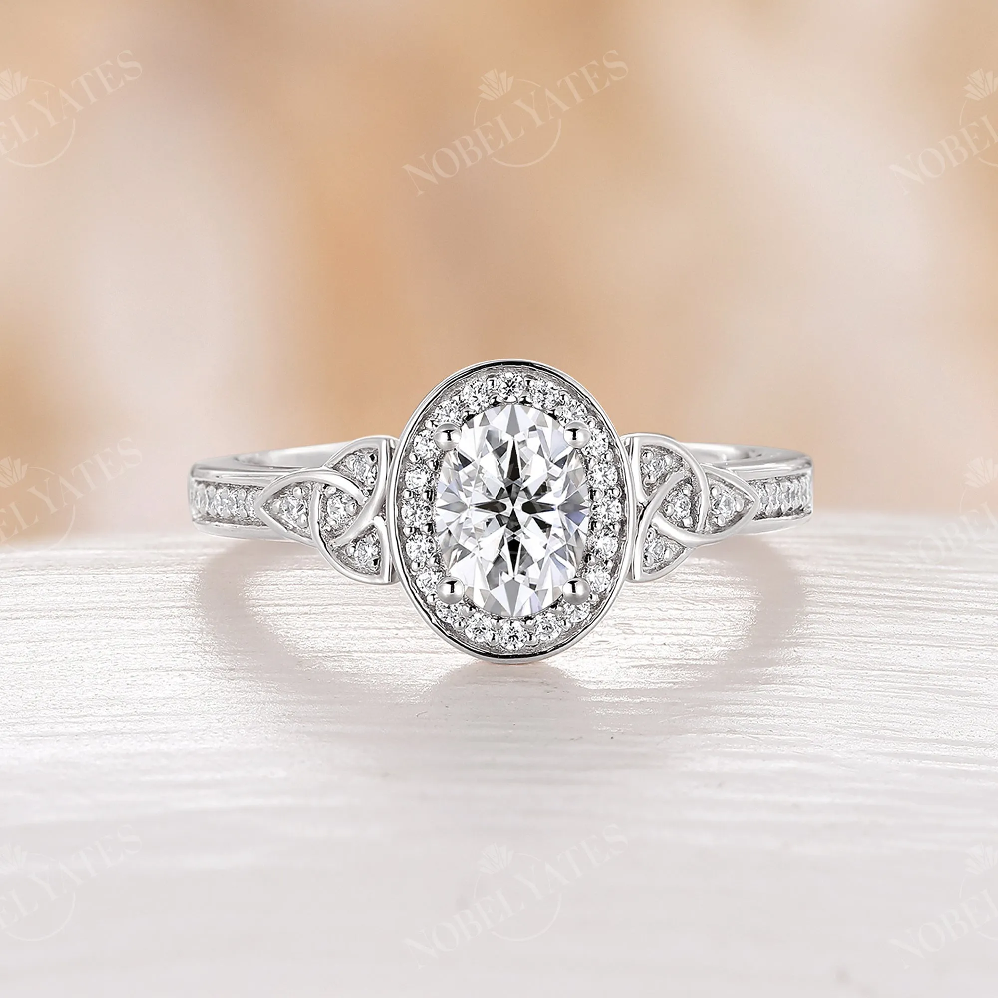 Antique Oval Moissanite Halo Engagement Ring Celtic Rose Gold