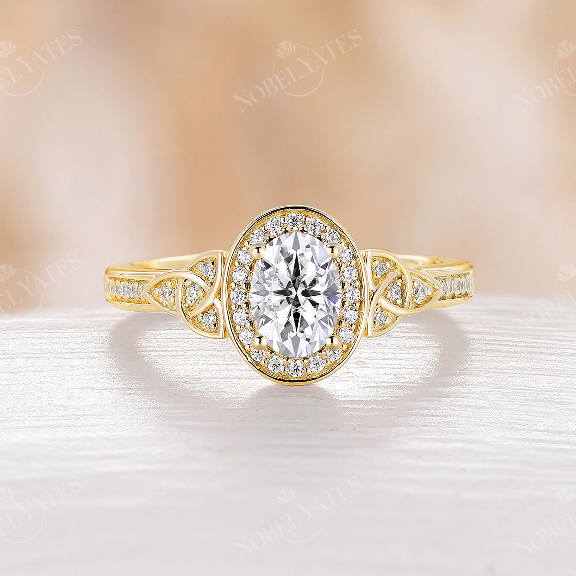 Antique Oval Moissanite Halo Engagement Ring Celtic Rose Gold