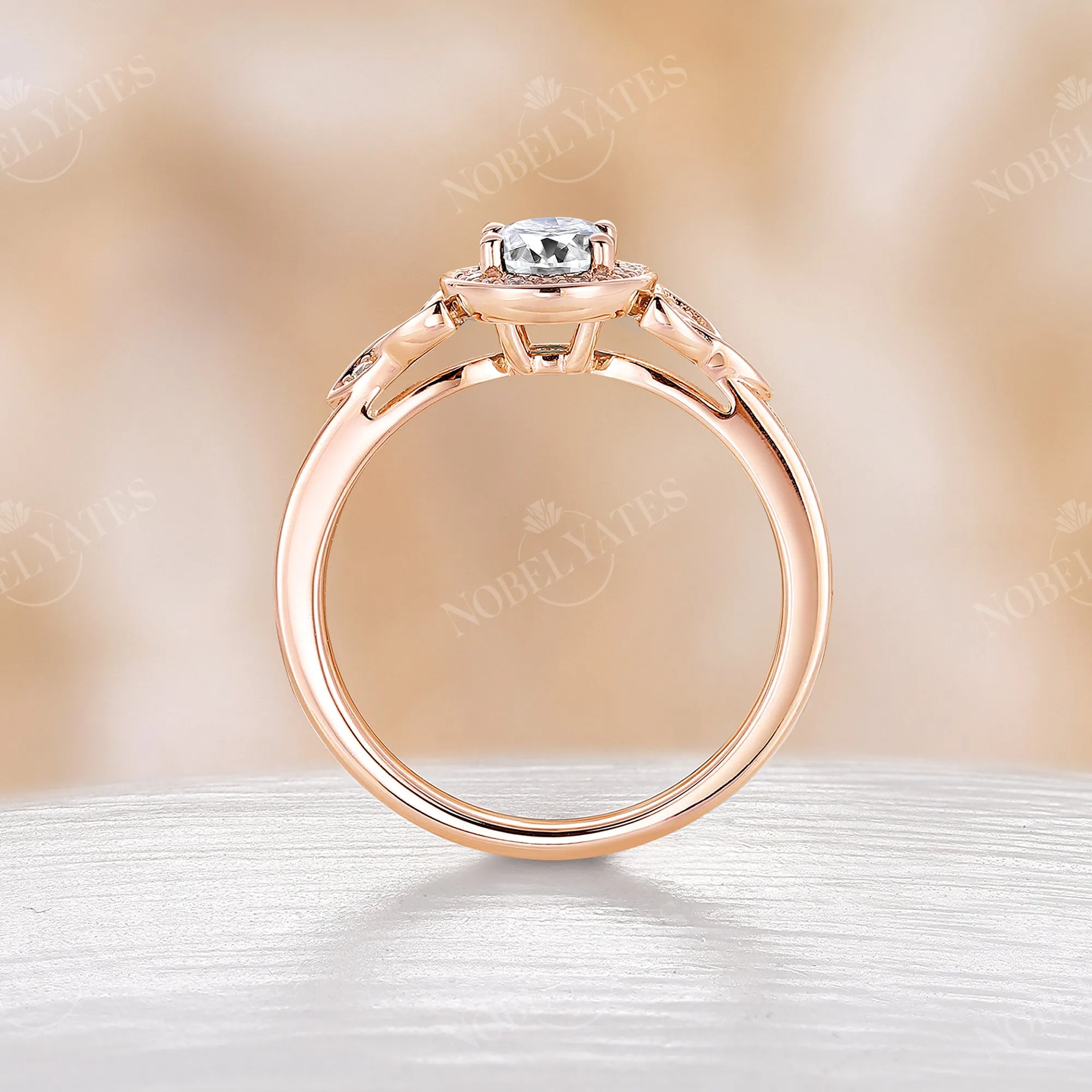 Antique Oval Moissanite Halo Engagement Ring Celtic Rose Gold