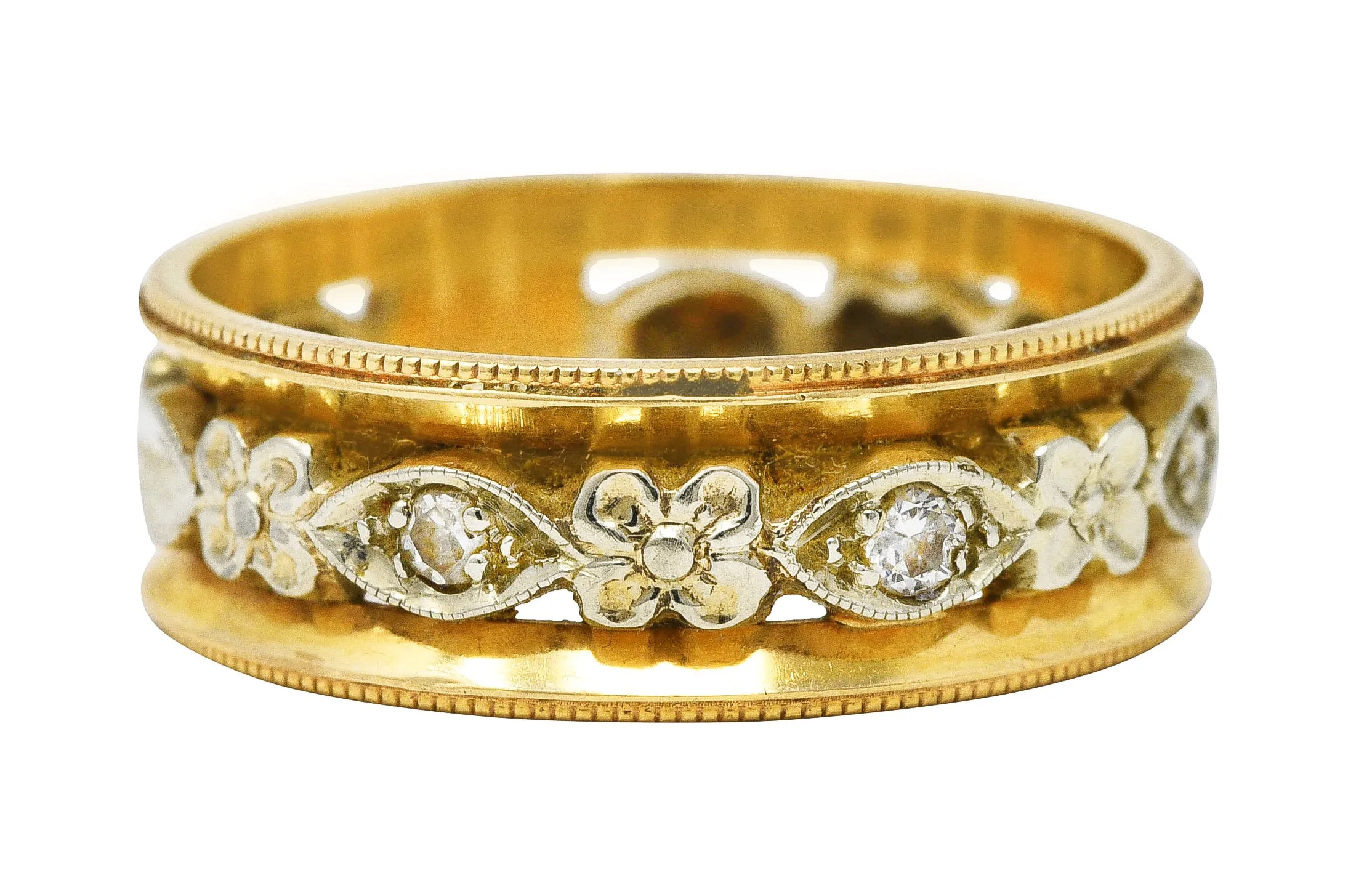 Art Deco Diamond 14 Karat Two-Tone Gold Floral Band Ring