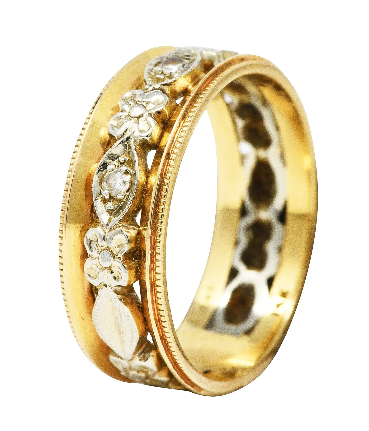 Art Deco Diamond 14 Karat Two-Tone Gold Floral Band Ring