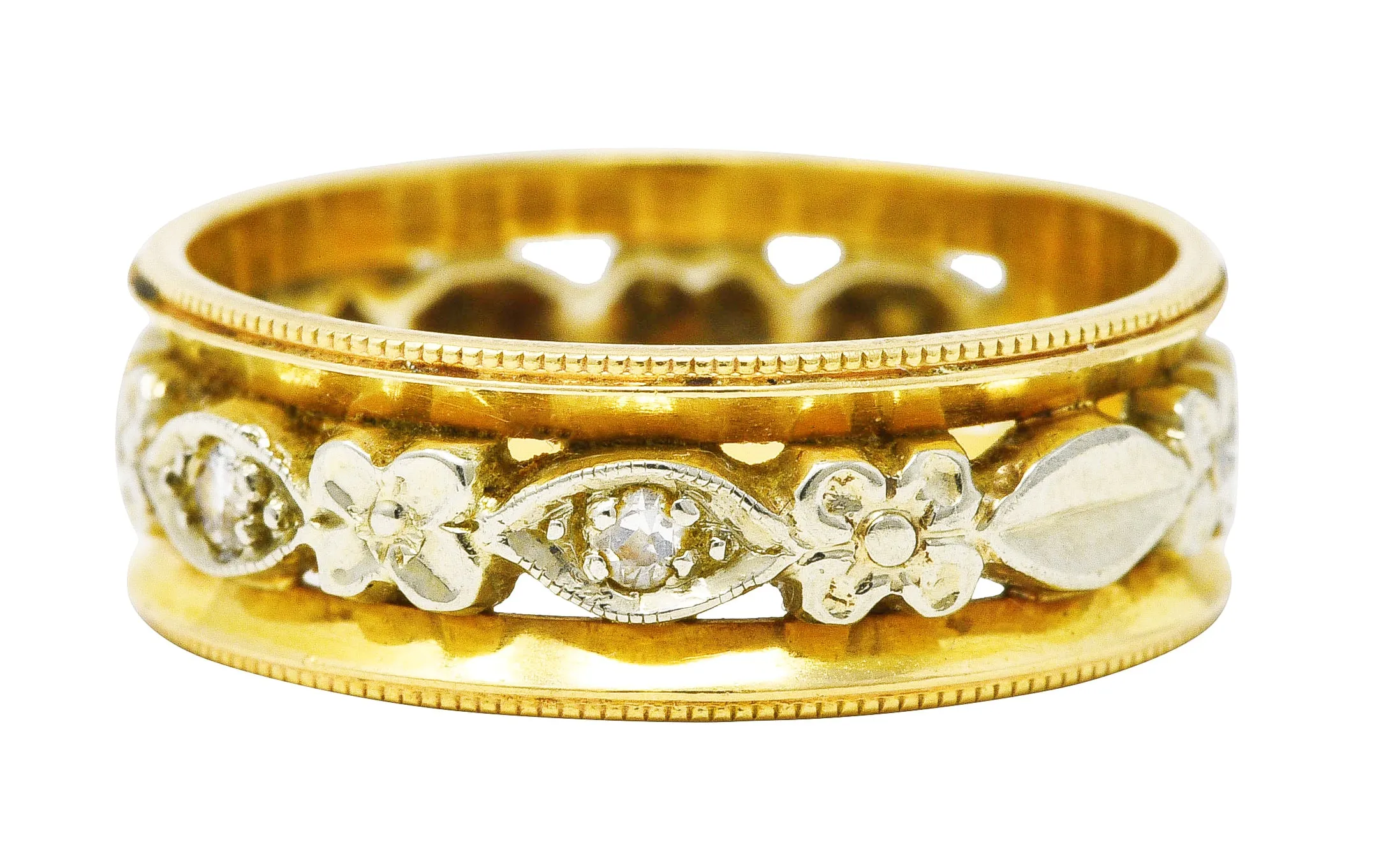 Art Deco Diamond 14 Karat Two-Tone Gold Floral Band Ring