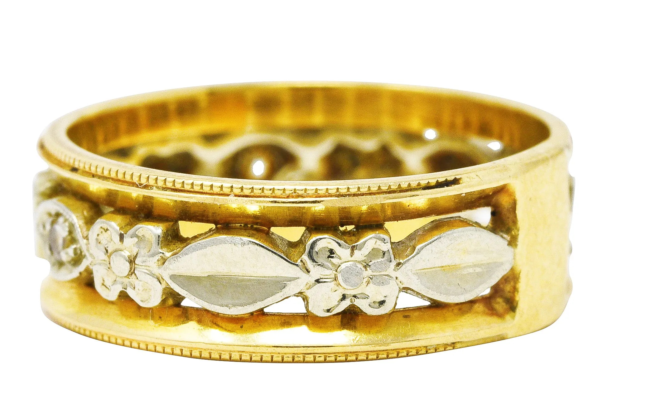 Art Deco Diamond 14 Karat Two-Tone Gold Floral Band Ring