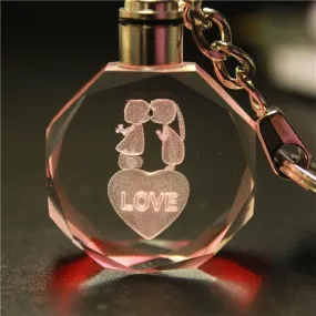 Artificial 3D Crystal Key Chain Engraving Glow Valentine's Day Pendant Necklace Gift