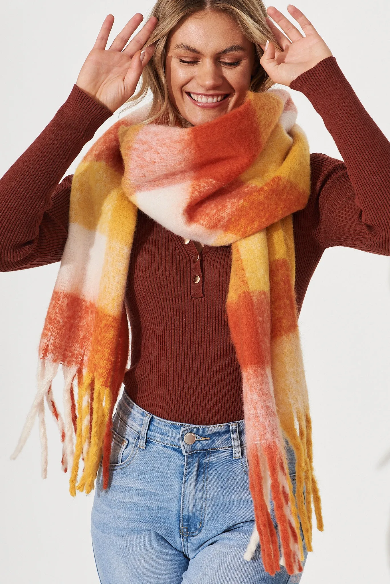 August + Delilah Brooklyn Knit Scarf In Multi Tangerine Check