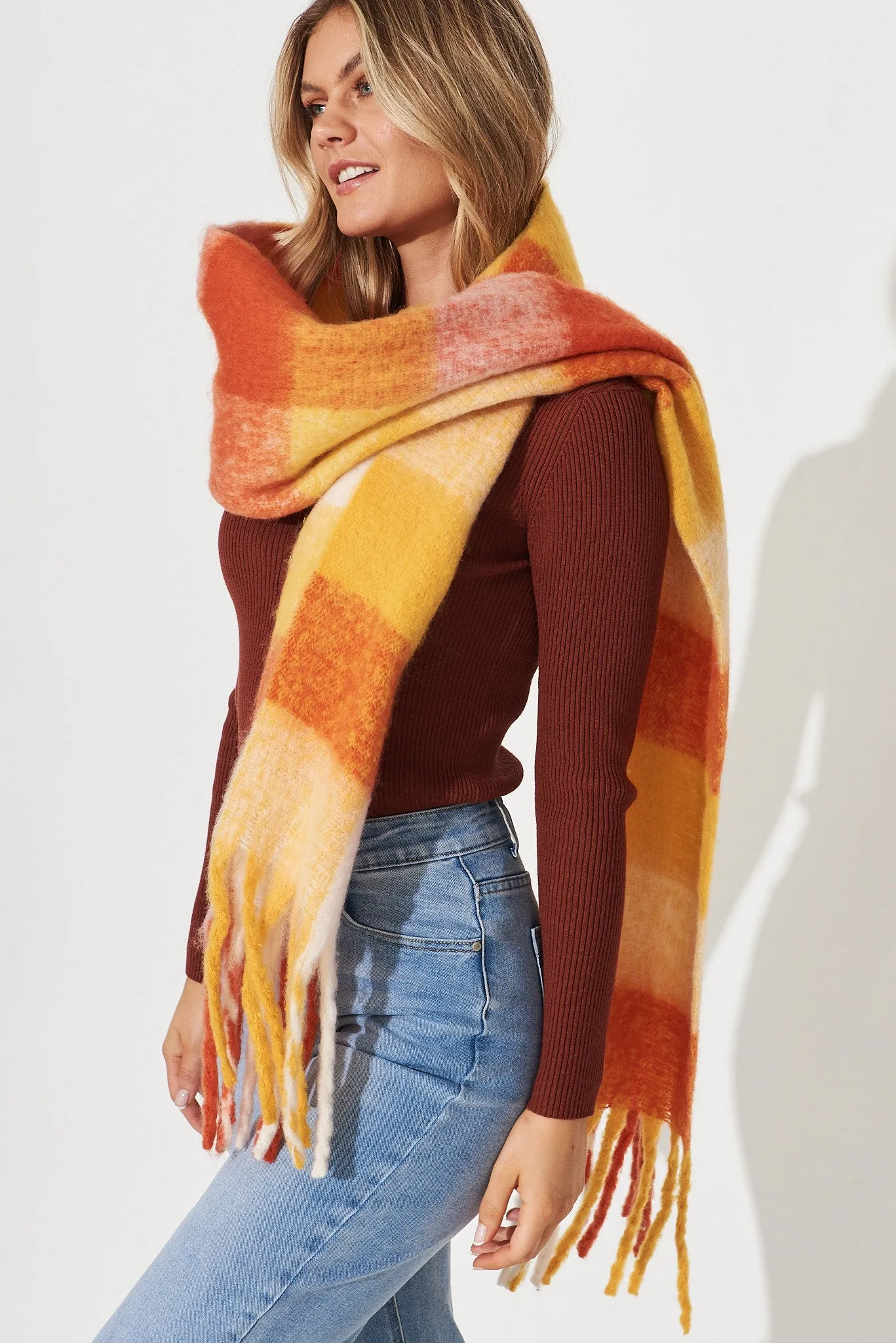 August + Delilah Brooklyn Knit Scarf In Multi Tangerine Check