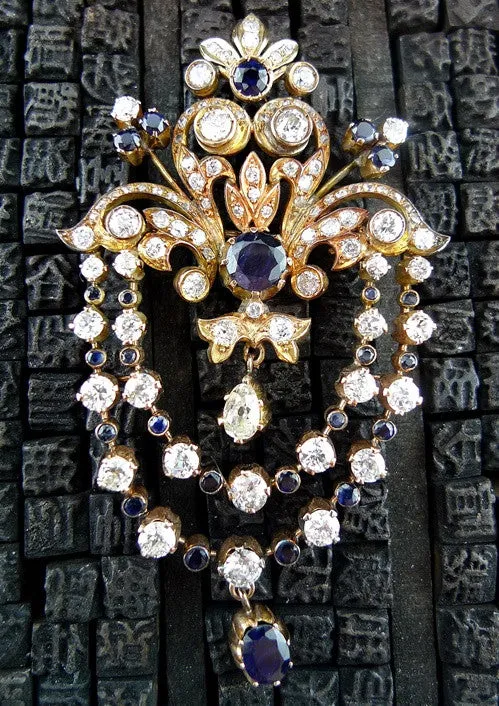 Belle Epoque Style Sapphire and Diamond Brooch in 18K Rose Gold