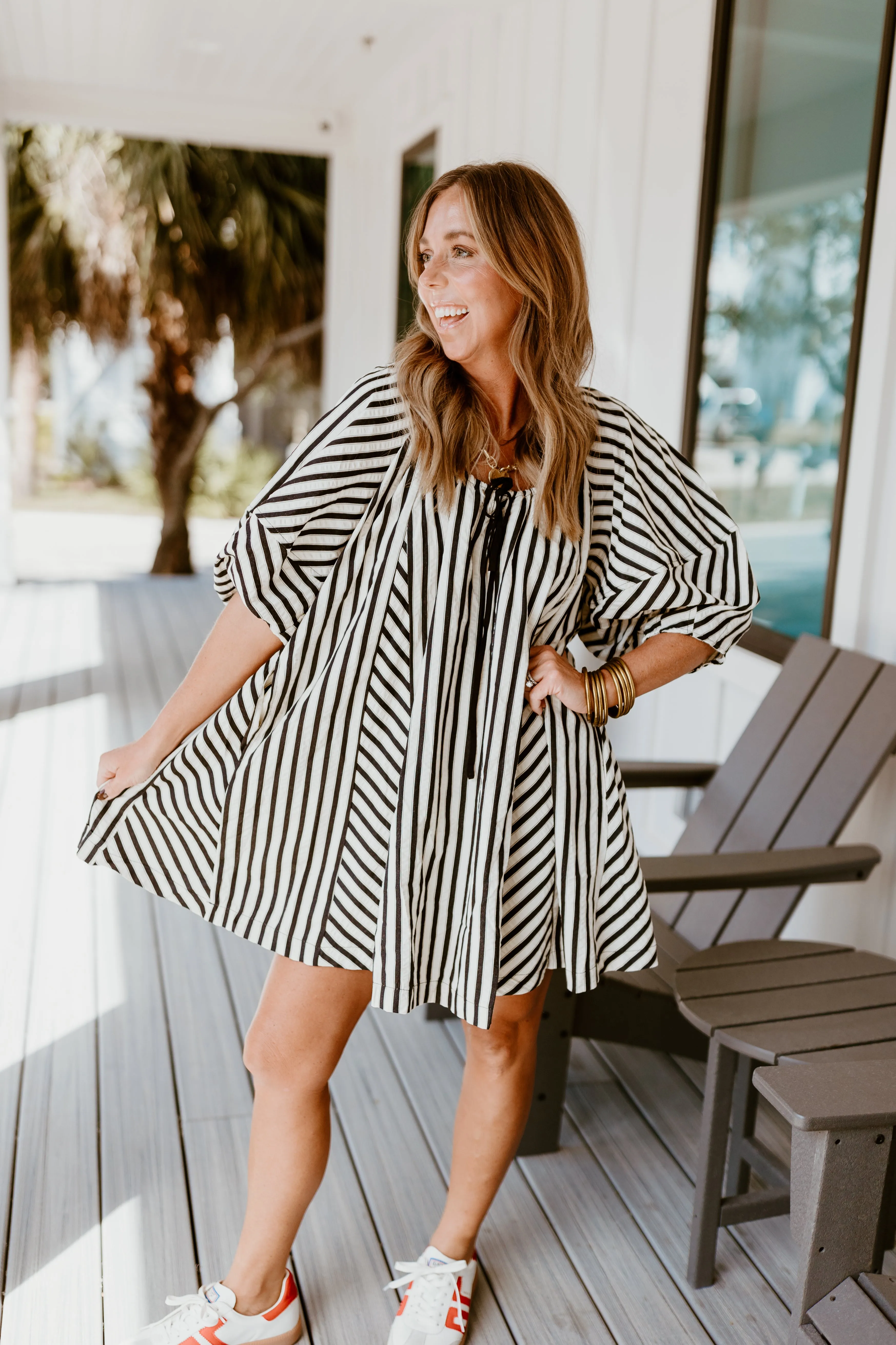 Black Striped Half Sleeve Tie Detail Dress