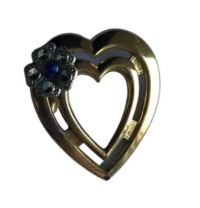 Blue and Clear Rhinestone Flower Accented Gold Tone Metal Heart Brooch circa 1950s