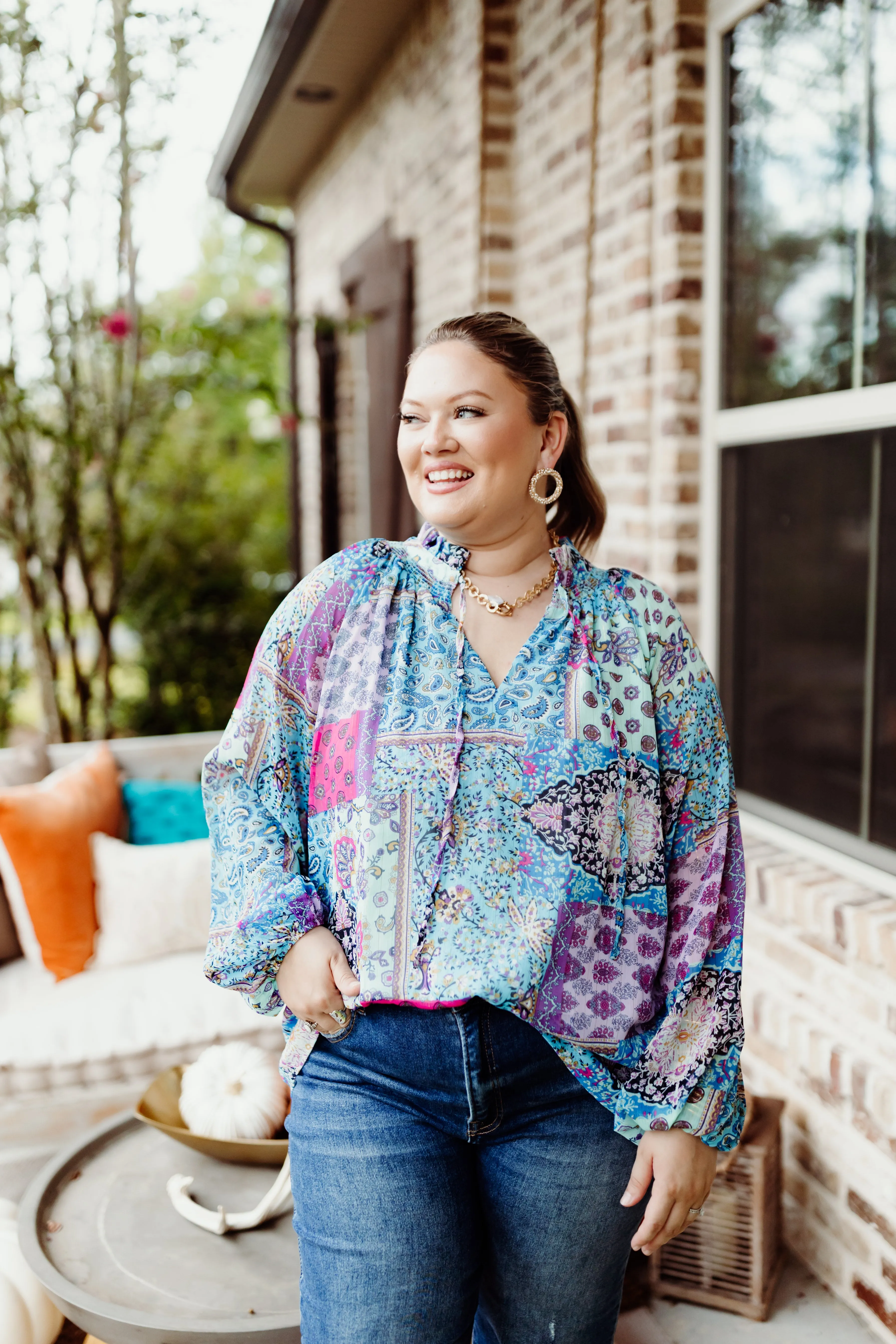 Blue Multi Patchwork Tie Neck Blouse