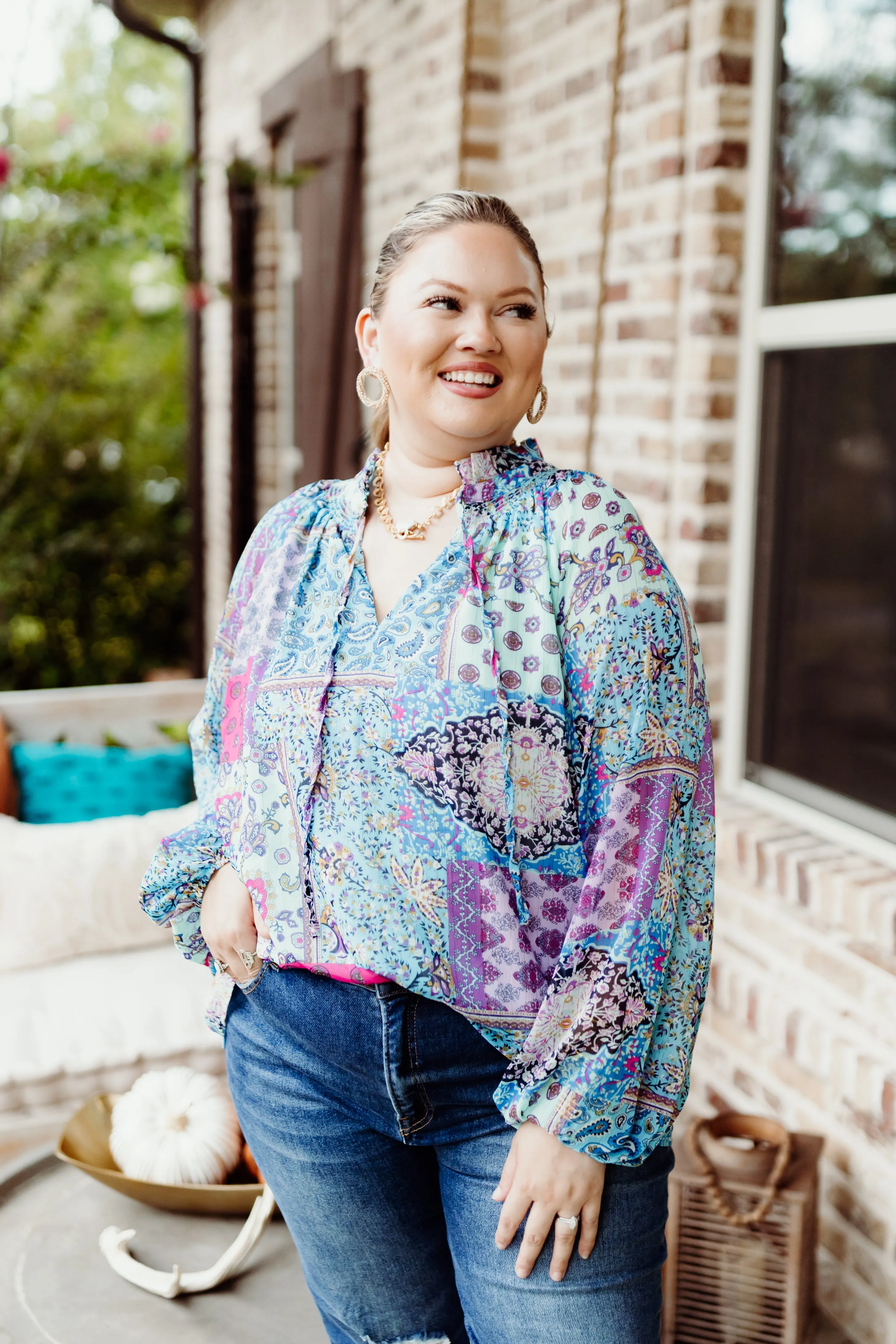 Blue Multi Patchwork Tie Neck Blouse