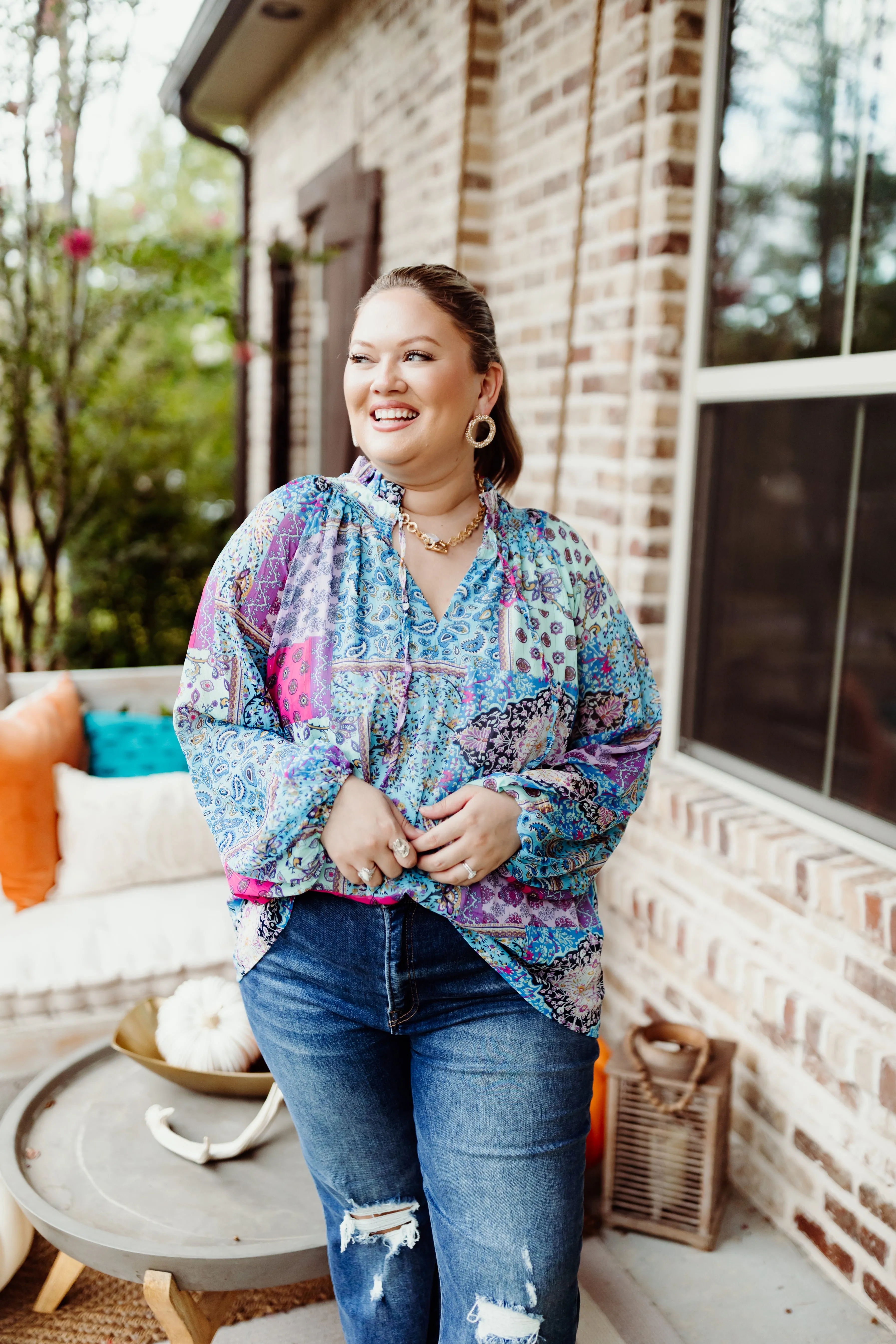 Blue Multi Patchwork Tie Neck Blouse