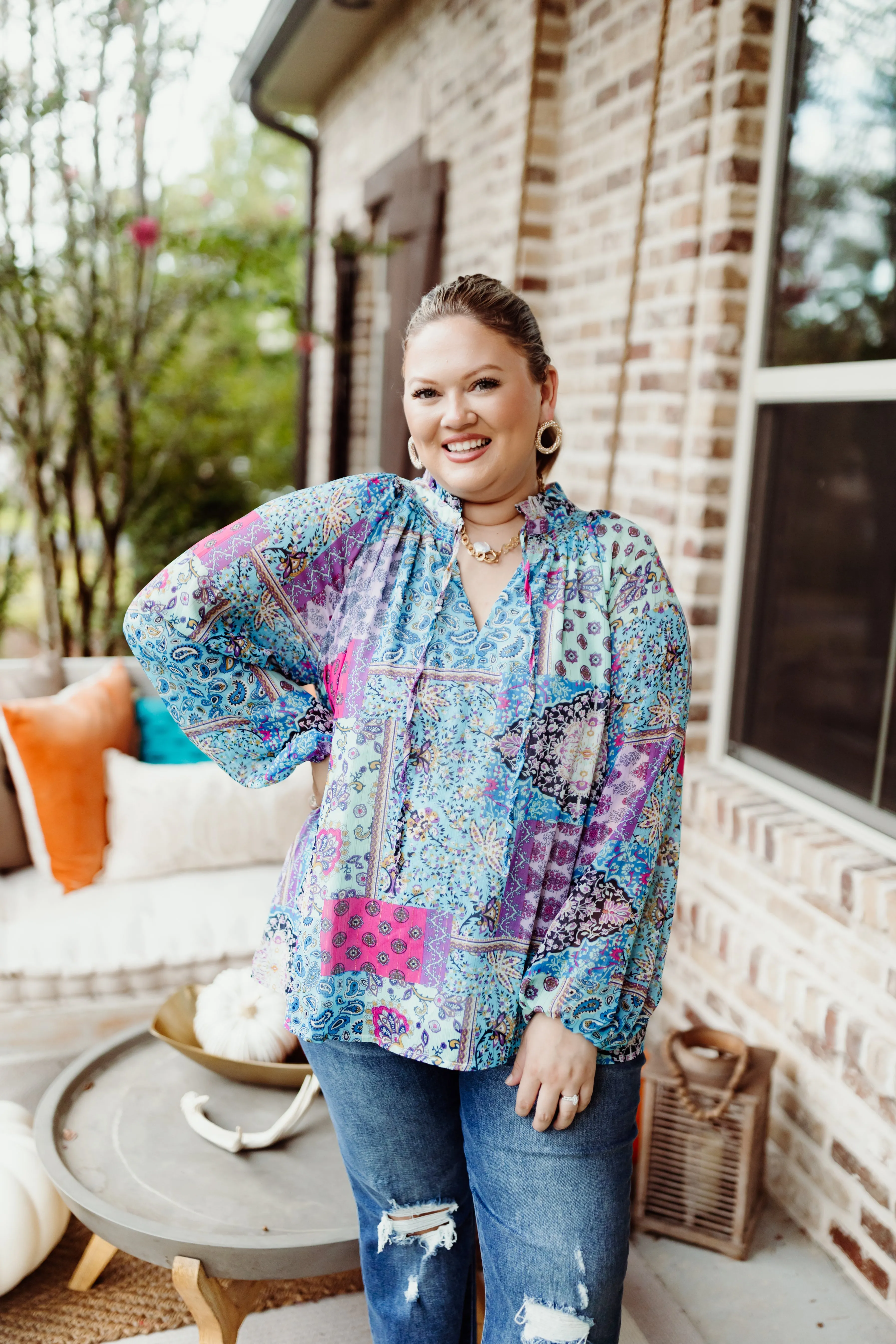 Blue Multi Patchwork Tie Neck Blouse