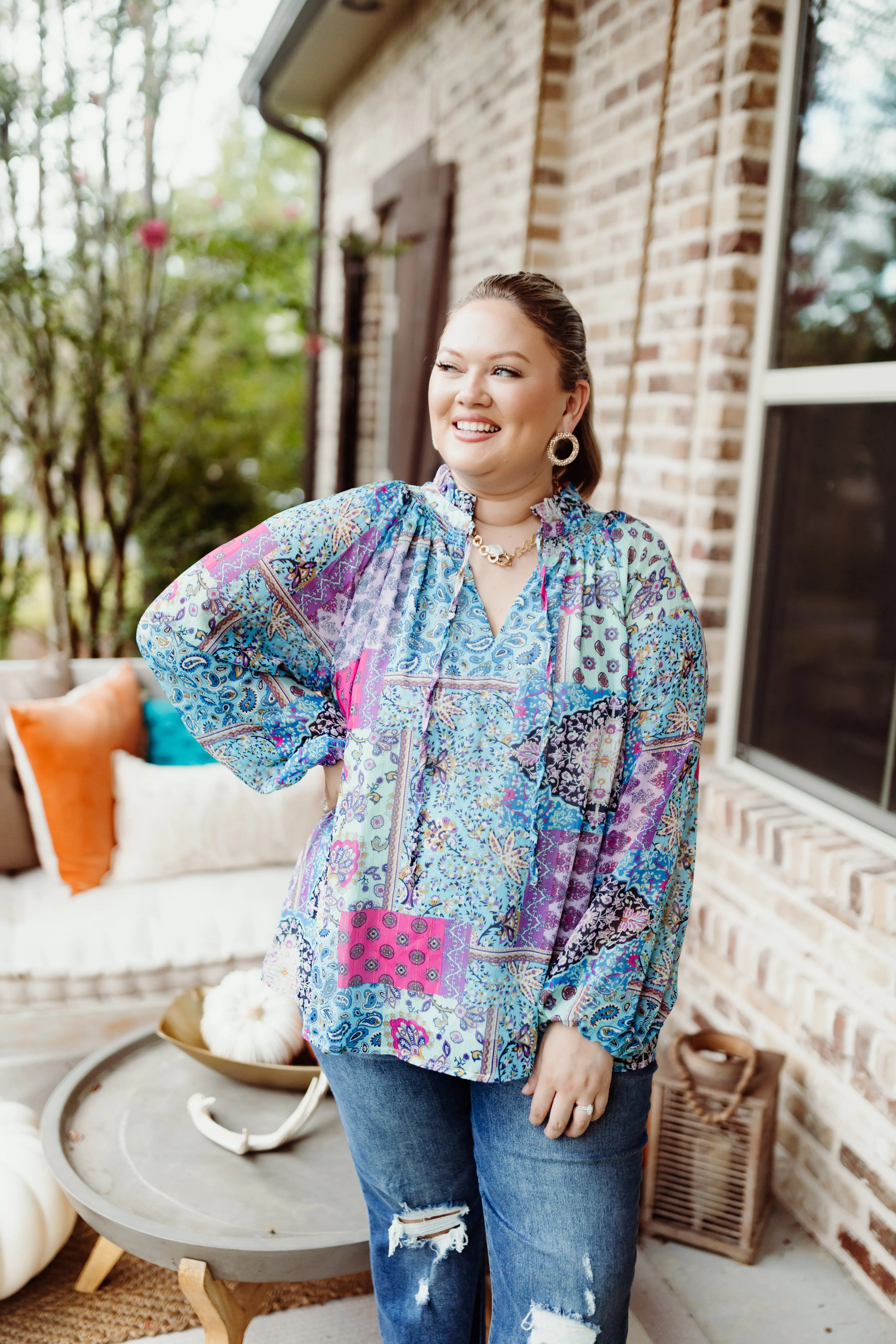 Blue Multi Patchwork Tie Neck Blouse