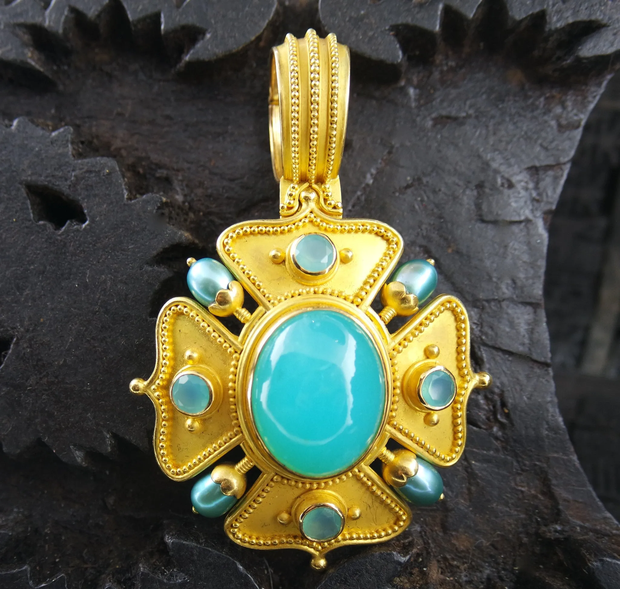 Carolyn Tyler 22K Yellow Gold/Peruvian Opal/ Pearl Pendant and Brooch