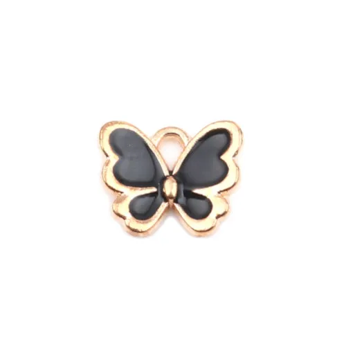 Charms, Butterfly, Single-Sided, Golden, Black, Enameled, Alloy, 13mm