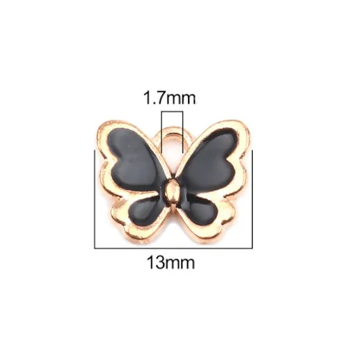 Charms, Butterfly, Single-Sided, Golden, Black, Enameled, Alloy, 13mm