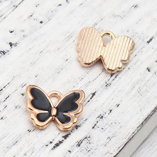 Charms, Butterfly, Single-Sided, Golden, Black, Enameled, Alloy, 13mm