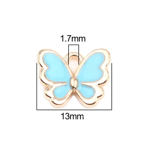 Charms, Butterfly, Single-Sided, Golden, Light Blue, Enameled, Alloy, 13mm