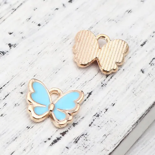 Charms, Butterfly, Single-Sided, Golden, Light Blue, Enameled, Alloy, 13mm