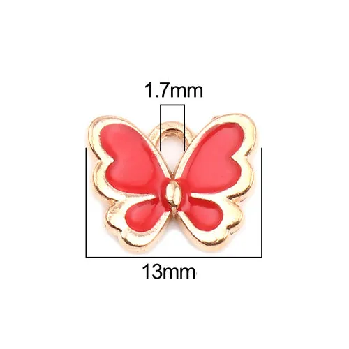 Charms, Butterfly, Single-Sided, Golden, Red, Enameled, Alloy, 13mm