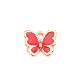 Charms, Butterfly, Single-Sided, Golden, Red, Enameled, Alloy, 13mm