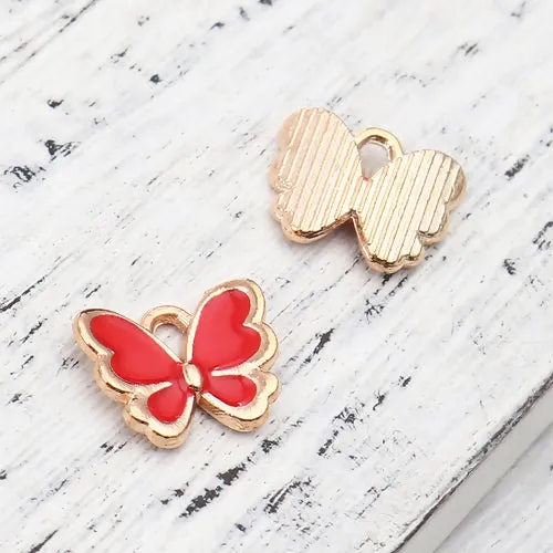 Charms, Butterfly, Single-Sided, Golden, Red, Enameled, Alloy, 13mm