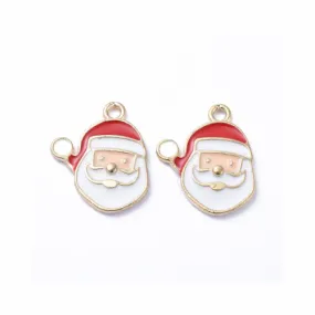 Charms, Christmas Santa Claus, Single-Sided, Red, White, Enameled Light Gold Plated, Alloy, 16mm