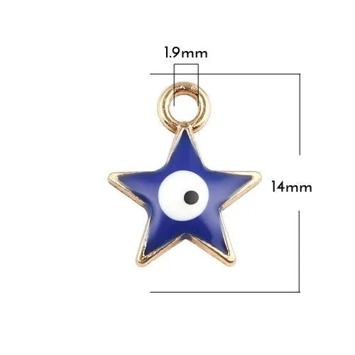 Charms, Evil Eye, Star, Double-Sided, Dark Blue, Enameled, Golden Alloy, 14mm