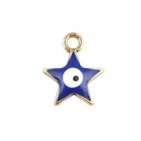 Charms, Evil Eye, Star, Double-Sided, Dark Blue, Enameled, Golden Alloy, 14mm