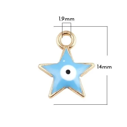 Charms, Evil Eye, Star, Double-Sided, Light Blue, Enameled, Golden Alloy, 14mm