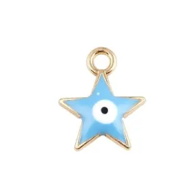 Charms, Evil Eye, Star, Double-Sided, Light Blue, Enameled, Golden Alloy, 14mm