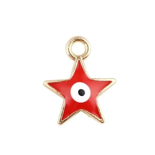 Charms, Evil Eye, Star, Double-Sided, Red, Enameled, Golden Alloy, 14mm