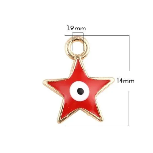 Charms, Evil Eye, Star, Double-Sided, Red, Enameled, Golden Alloy, 14mm