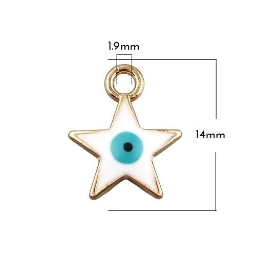 Charms, Evil Eye, Star, Double-Sided, White, Enameled, Golden Alloy, 14mm