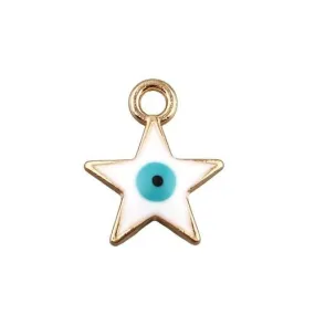 Charms, Evil Eye, Star, Double-Sided, White, Enameled, Golden Alloy, 14mm