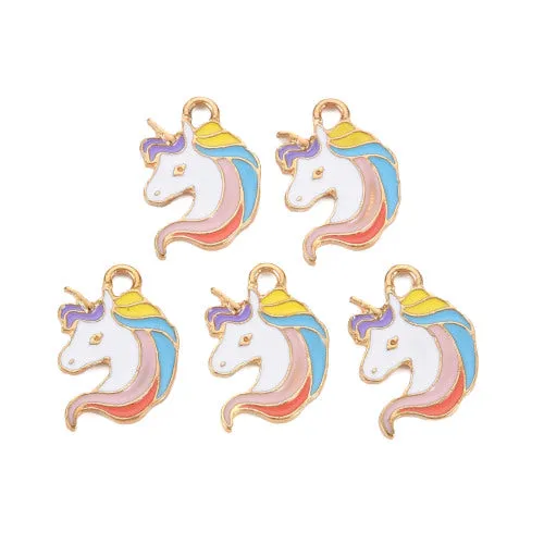 Charms, Unicorn, Single-Sided, Light Gold Plated, Alloy, Multicolored, Enamel, 18mm