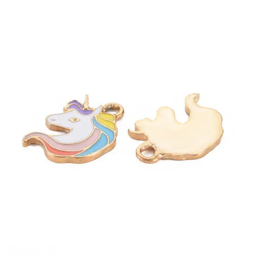 Charms, Unicorn, Single-Sided, Light Gold Plated, Alloy, Multicolored, Enamel, 18mm